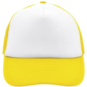 A yellow and white 5 panel polyester mesh trucker cap with a logo on the front.