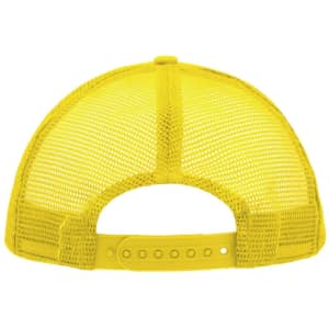 A bright yellow 5-panel polyester mesh trucker hat featuring a snapback closure and a mesh design.