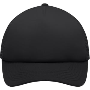 A black 5-panel polyester mesh trucker hat with a structured front and a mesh back. It has a logo.
