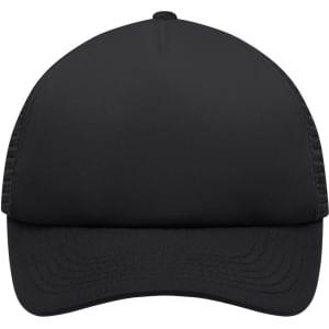 A black 5-panel polyester mesh trucker cap with a curved brim and a logo on the front.