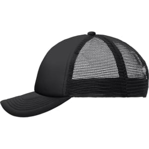 A black kids' polyester mesh trucker cap with a solid front and mesh back, featuring a curved visor and a logo.