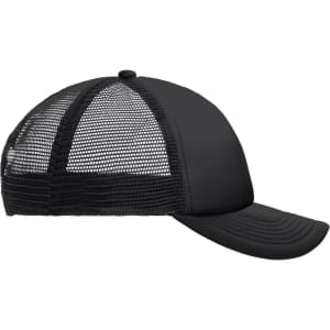 A black Kids 5 Panel Polyester Mesh Trucker cap featuring a mesh back and curved brim, with a logo present.