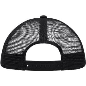 A black Kids 5 Panel Polyester Mesh Trucker cap featuring a mesh back and an adjustable snap closure.