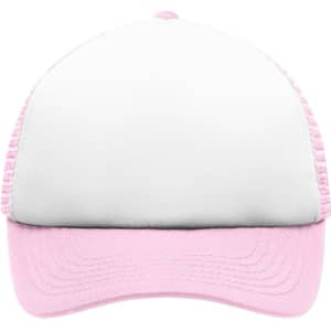 A pink and white kids' 5 panel polyester mesh trucker cap with a curved brim and a logo on the front.