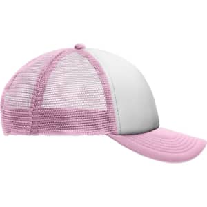 A pink and white kids' trucker cap featuring a mesh design and a curved brim, also includes a logo.