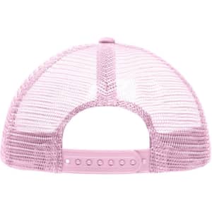 A pink mesh trucker cap with an adjustable snapback design, featuring a logo on the back.