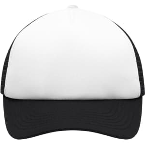 A kids' trucker cap featuring a white front panel and black mesh sides, with a curved brim and logo.