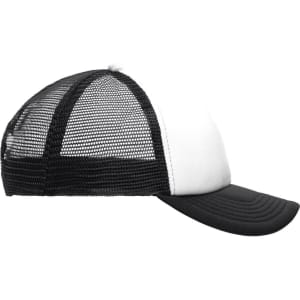 A black and white kids' 5 panel polyester mesh trucker cap featuring a mesh back and a curved brim with a logo.