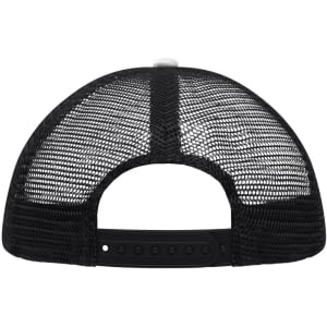A black 5-panel polyester mesh trucker cap featuring a mesh back and a plastic snap closure.