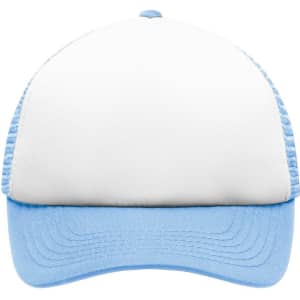 A kids' trucker cap featuring a white front panel and light blue mesh back. It has a curved brim and a logo.