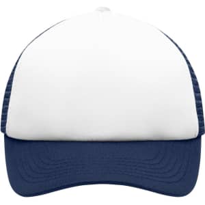 A trucker cap featuring a white front panel and a navy blue brim and mesh sides. It includes a logo on the front.