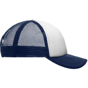 A kids' 5 panel trucker cap featuring a white front and blue mesh sides, with a curved brim and a logo.