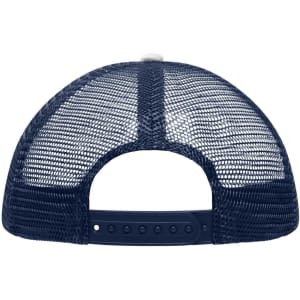 A navy blue polyester mesh trucker cap featuring a snapback closure and a logo on the back.