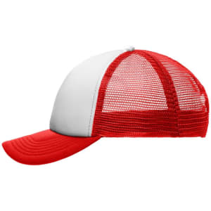 A red and white kids' five-panel polyester mesh trucker cap with a curved brim and mesh sides.