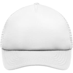 A white kids' 5 panel polyester mesh trucker cap with a solid front and mesh sides. It includes a logo.