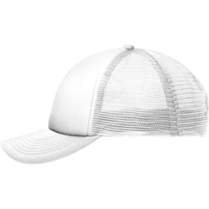 A white kids' 5 panel polyester mesh trucker cap featuring a curved brim and a mesh back.