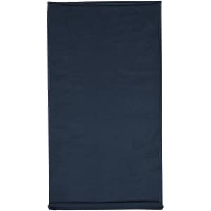A navy blue headband made from cotton, featuring a logo on the fabric.