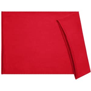 A red headband made of cotton, featuring a folded edge and a logo.