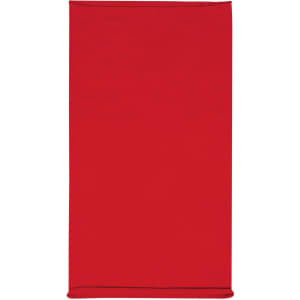 A solid red headband made of cotton, featuring a logo on one side.