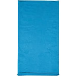 A bright blue headband with a smooth texture and a simple design, featuring a logo.