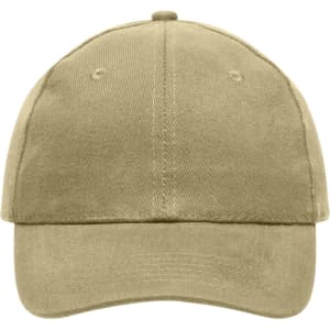 A heavy cotton, six-panel cap in a neutral beige colour with an adjustable strap at the back and a logo.