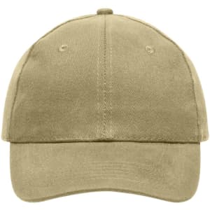 A heavy cotton 6-panel cap in a light beige colour, featuring a logo on the front.