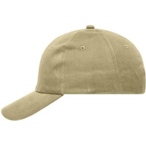 A khaki 6-panel cap made of heavy cotton, featuring a curved brim and a logo.