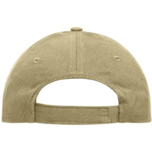 A heavy cotton 6-panel cap in a neutral beige colour, featuring an adjustable strap and a logo on the back.