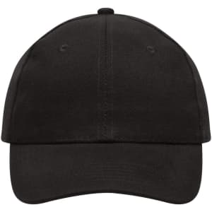 A black heavy cotton 6-panel cap featuring a curved brim and an adjustable back. It has a logo.