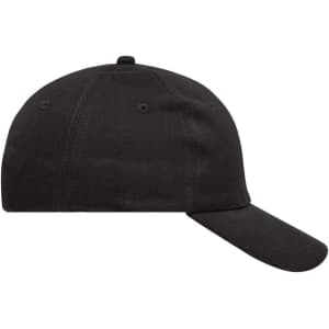 A black heavy cotton 6 panel cap with a curved brim and a logo on the front.