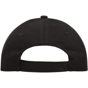 A black 6-panel cap made of heavy cotton, featuring a rear adjustable strap and a logo.