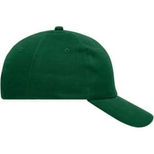 A green 6-panel cap made from heavy cotton, featuring a logo on the front.