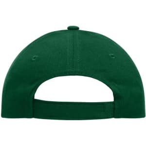 A green 6 panel cap made of heavy cotton, featuring an adjustable back and a button on top.