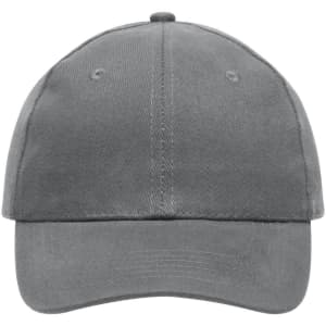 A grey six-panel cap made of heavy cotton, featuring a curved brim and a branding logo.