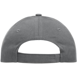 A grey 6-panel cap made of heavy cotton, featuring a back closure and a branding logo.
