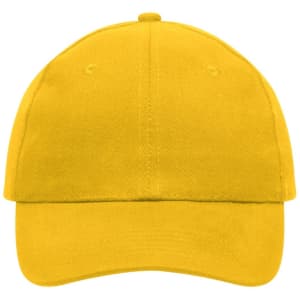 A yellow six-panel cotton cap with an adjustable strap and a logo.