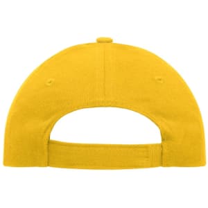 A yellow 6 panel cap made of heavy cotton, featuring an adjustable back strap and a logo.