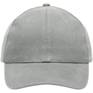 A six-panel cap made of heavy cotton in a light grey colour, featuring a logo on the front.