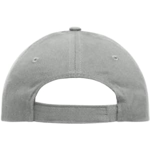 A grey heavy cotton 6 panel cap featuring a rear adjustable strap and button on top. It includes a logo.