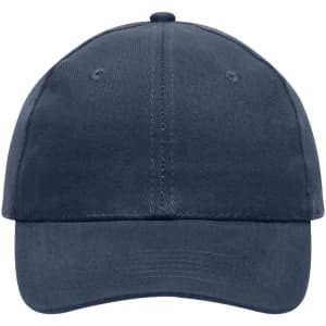 A navy blue 6-panel cap made from heavy cotton, featuring an adjustable strap and a logo on the front.