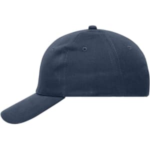 A heavy cotton 6 panel cap in navy blue with a curved brim and an adjustable strap at the back.