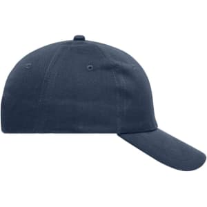 A navy blue 6 panel cap made from heavy cotton, featuring a logo on the front.