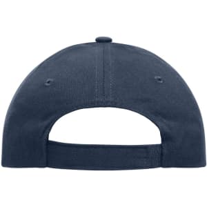 A navy blue six-panel cap made from heavy cotton, featuring a branded logo on the back.
