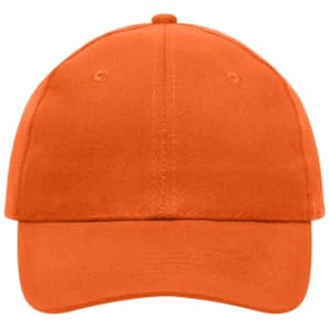 An orange 6 panel cap made of heavy cotton, featuring a structured design and a logo on the front.