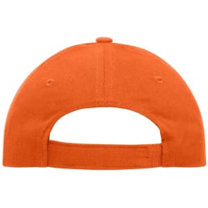 An orange 6-panel cap made of heavy cotton, featuring an adjustable strap and a logo on the back.