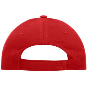 A red 6-panel cap made of heavy cotton, featuring a back opening and a button on top. It has a branding logo.