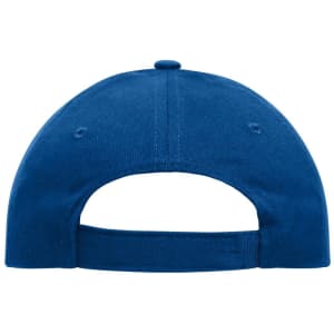 A blue six-panel cap made of heavy cotton, featuring an adjustable strap and a logo on the back.