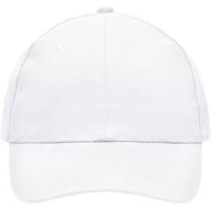 A white heavy cotton six-panel cap with a curved brim and a logo on the front.