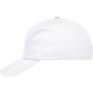 A white six-panel cap made of heavy cotton, featuring a curved brim and a logo.