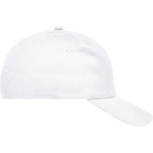 A white 6-panel cap with a curved brim and an inner sweatband, featuring a logo on the front.